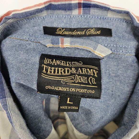 Third Army Shirt Mens Large Western Pearl Snap Denim Cowboy Rancher Plaid - Picture 9 of 10